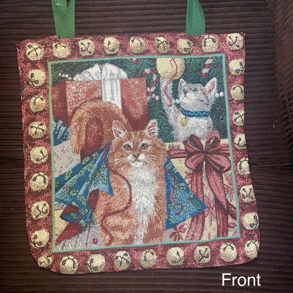 Vintage Christmas Cat Tapestry Tote Bag Holiday Bells Kitten Print Shoulder Bag‎